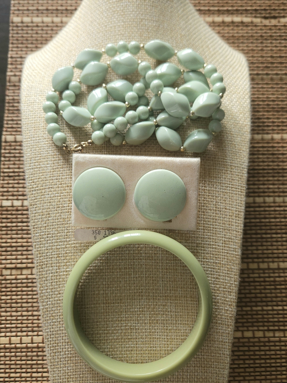 Vintage Mint Green Beaded Necklace, Clip-On Earrings, and Bangle Set